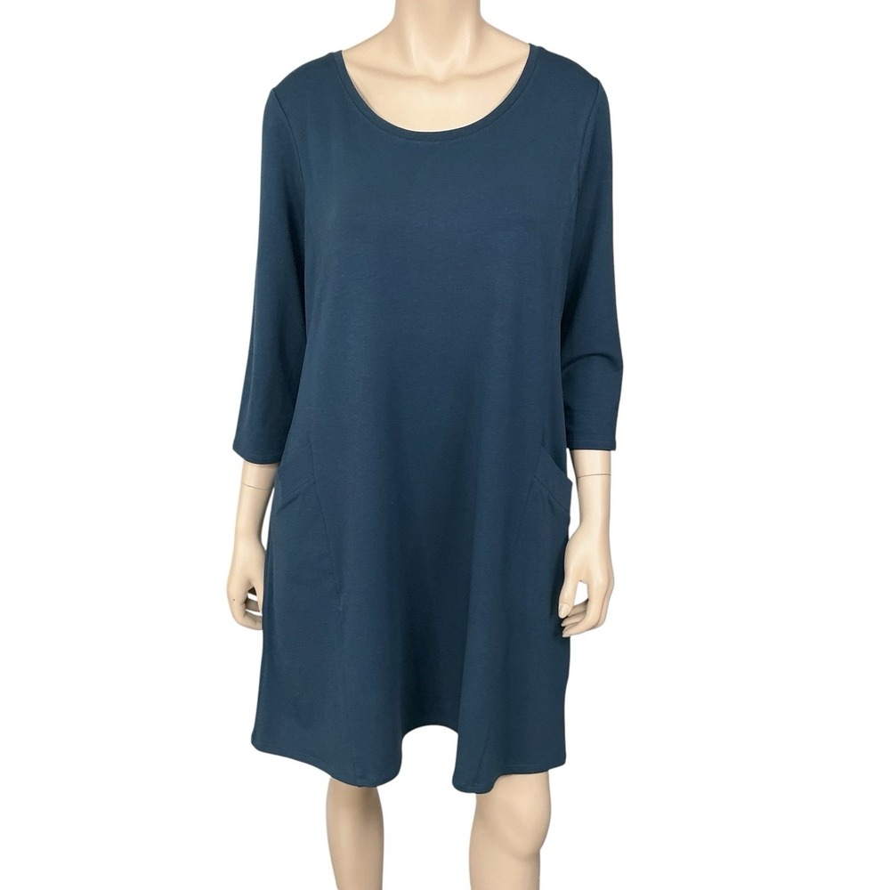J Jill Dress Women Size Large Blue 3/4 Sleeve Pockets Knit Stretch Modal Casual